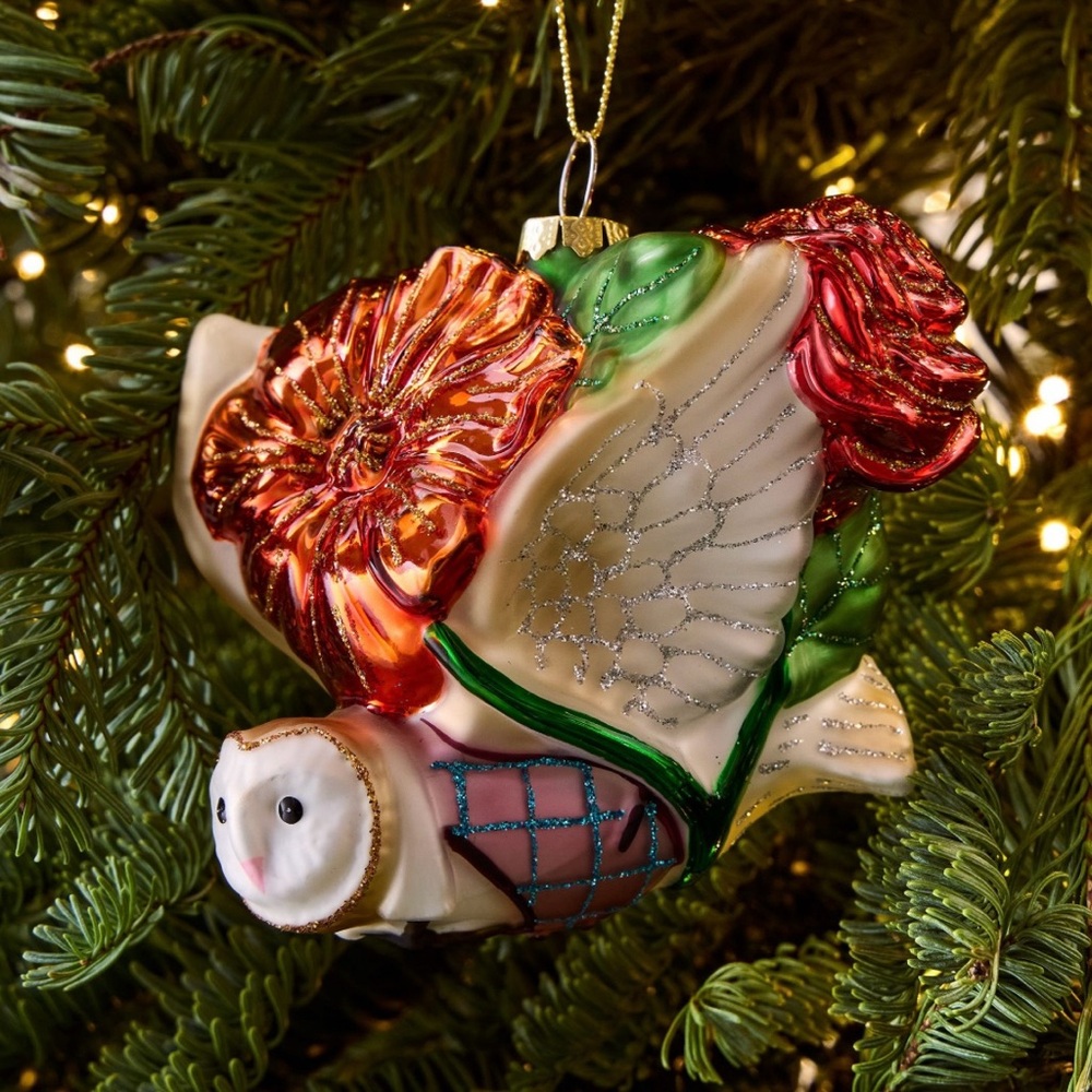 West Elm Floral Owl Ornament with Red and Gold Details